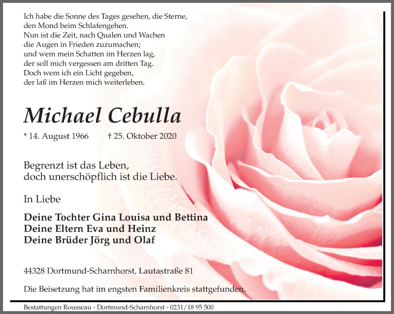  Traueranzeige für Michael Cebulla vom 31.10.2020 aus Ruhr Nachrichten