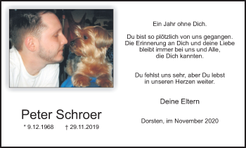 Traueranzeige von Peter Schroer von Ruhr Nachrichten und Dorstener Zeitung