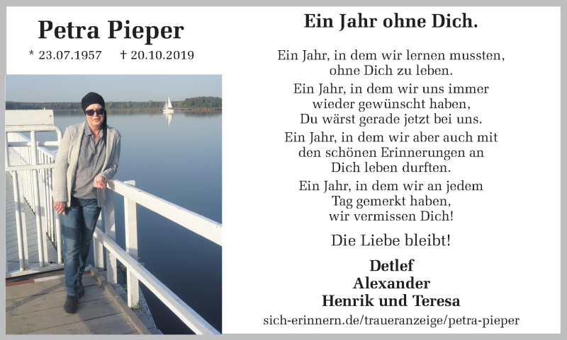  Traueranzeige für Petra Pieper vom 20.10.2020 aus Ruhr Nachrichten und Halterner Zeitung