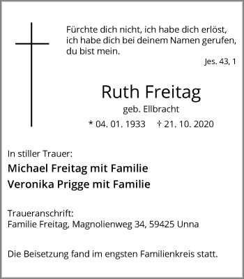 Traueranzeige von Ruth Freitag von Hellweger Anzeiger
