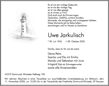 Traueranzeige von Uwe Jarkulisch von Ruhr Nachrichten