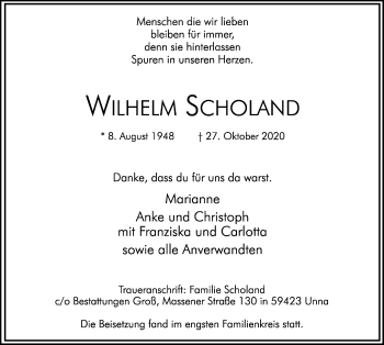 Traueranzeige von Wilhelm Scholand von Hellweger Anzeiger