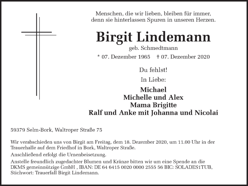  Traueranzeige für Birgit Lindemann vom 12.12.2020 aus Ruhr Nachrichten