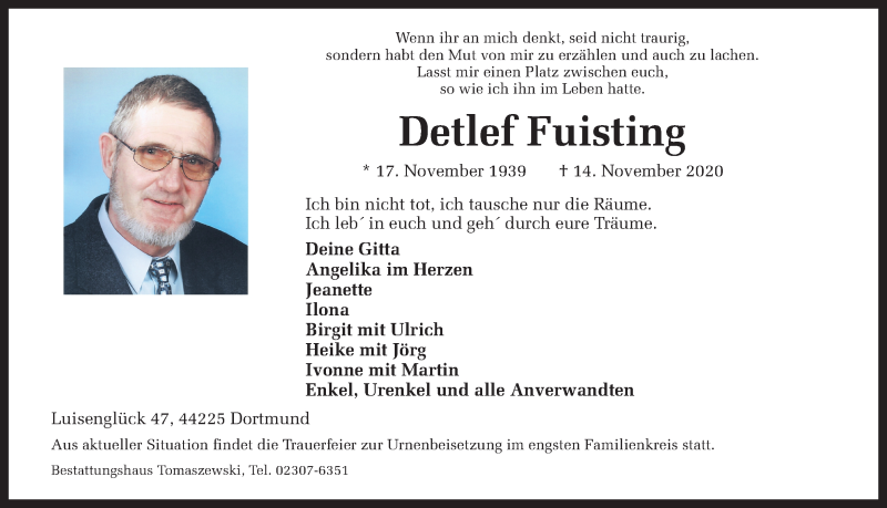  Traueranzeige für Detlef Fuisting vom 22.12.2020 aus Ruhr Nachrichten