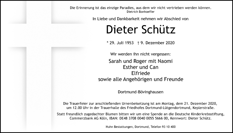  Traueranzeige für Dieter Schütz vom 12.12.2020 aus Ruhr Nachrichten
