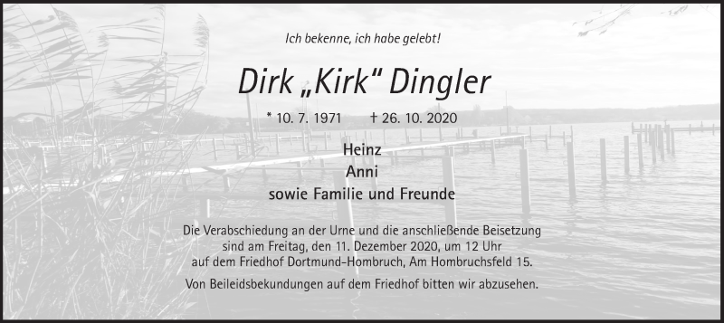  Traueranzeige für Dirk  Dingler vom 05.12.2020 aus Ruhr Nachrichten