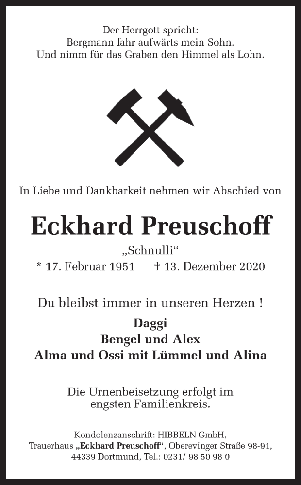  Traueranzeige für Eckhard Preuschoff vom 22.12.2020 aus Ruhr Nachrichten