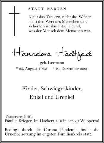 Traueranzeige von Hannelore Hedtfeld von Hellweger Anzeiger
