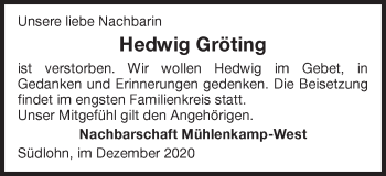 Traueranzeige von Hedwig Gröting von Münstersche Zeitung und Münsterland Zeitung