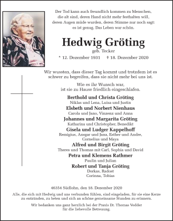 Traueranzeige von Hedwig Gröting von Münstersche Zeitung und Münsterland Zeitung