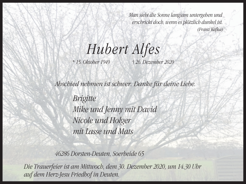  Traueranzeige für Hubert Alfes vom 29.12.2020 aus Ruhr Nachrichten und Dorstener Zeitung