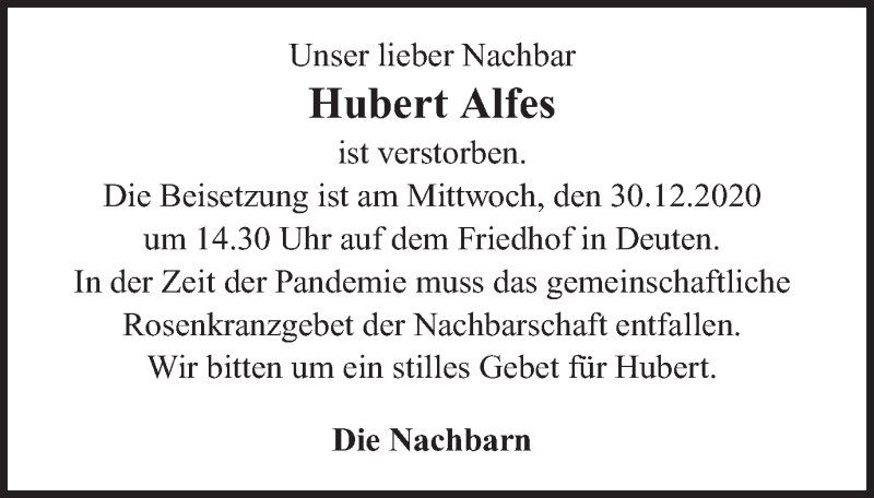  Traueranzeige für Hubert Alfes vom 29.12.2020 aus Ruhr Nachrichten und Dorstener Zeitung