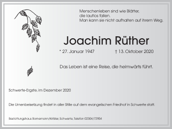 Traueranzeige von Joachim Rüther von Ruhr Nachrichten