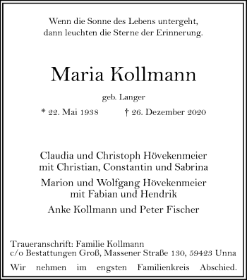 Traueranzeige von Maria Kollmann von Hellweger Anzeiger