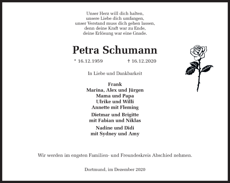  Traueranzeige für Petra Schumann vom 19.12.2020 aus Ruhr Nachrichten