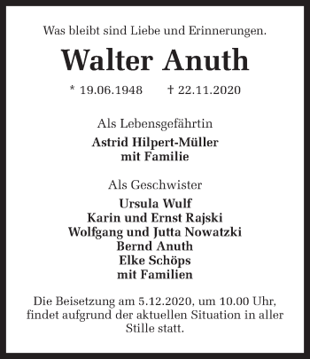 Traueranzeige von Walter Anuth von Ruhr Nachrichten