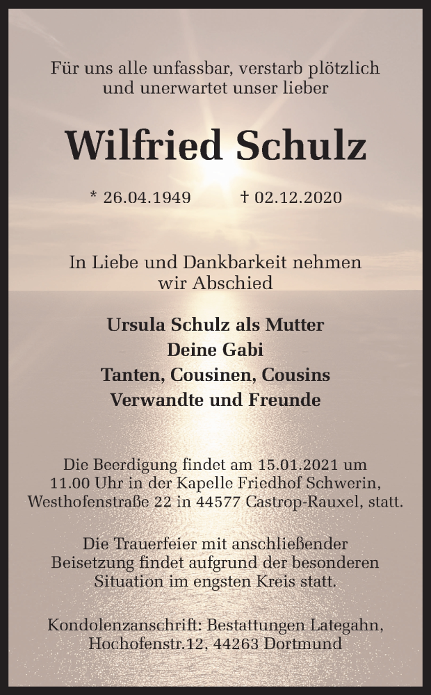  Traueranzeige für Wilfried Schulz vom 19.12.2020 aus Ruhr Nachrichten