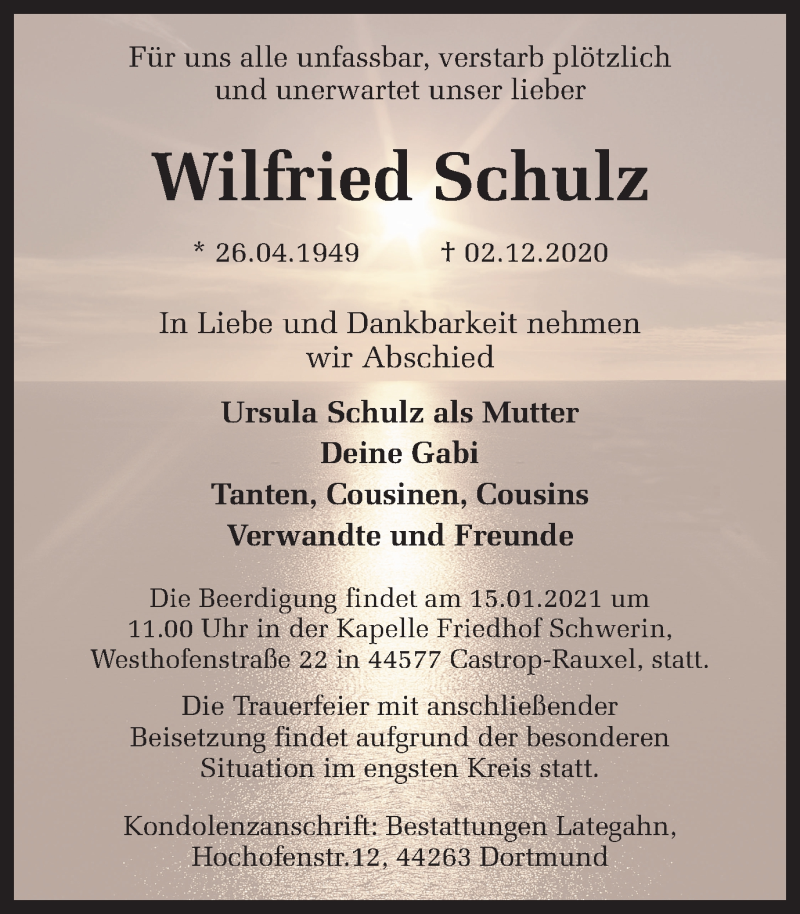  Traueranzeige für Wilfried Schulz vom 19.12.2020 aus Ruhr Nachrichten