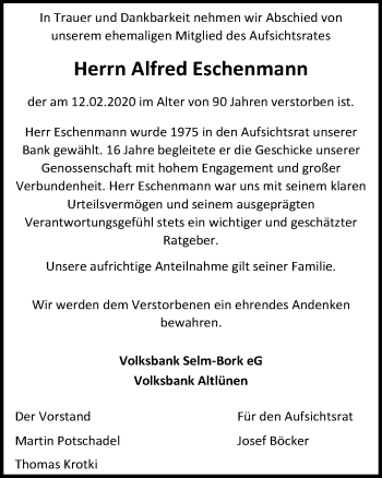 Traueranzeige von Alfred Eschenmann von Ruhr Nachrichten