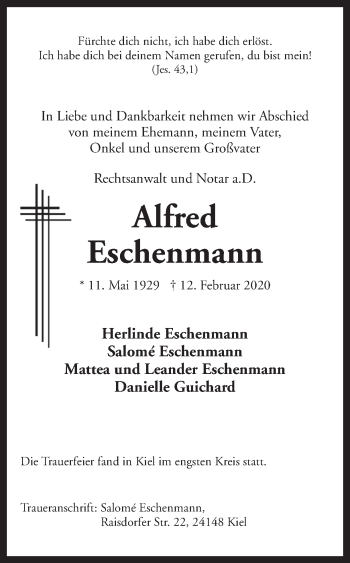 Traueranzeige von Alfred Eschenmann von Ruhr Nachrichten