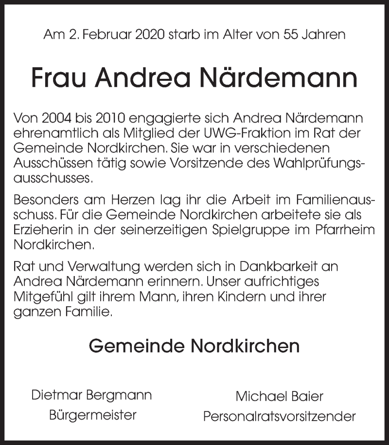  Traueranzeige für Andrea Närdemann vom 12.02.2020 aus Ruhr Nachrichten