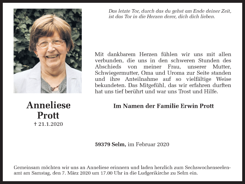  Traueranzeige für Anneliese Prott vom 21.02.2020 aus Ruhr Nachrichten