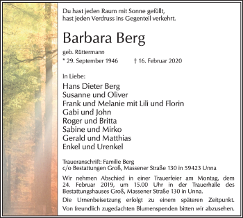Traueranzeige von Barbara Berg von Hellweger Anzeiger