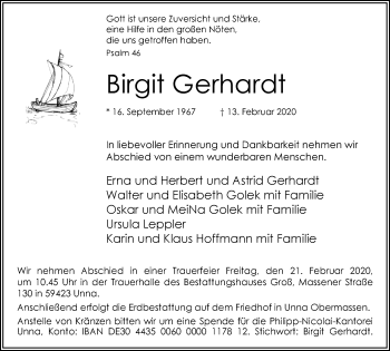 Traueranzeige von Birgit Gerhardt von Hellweger Anzeiger
