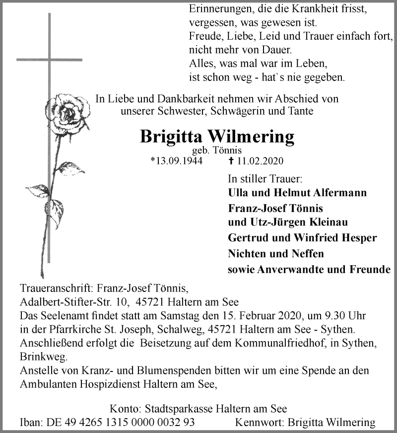  Traueranzeige für Brigitta Wilmering vom 13.02.2020 aus Ruhr Nachrichten und Halterner Zeitung