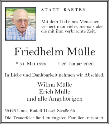Traueranzeige von Friedhelm Mülle von Hellweger Anzeiger