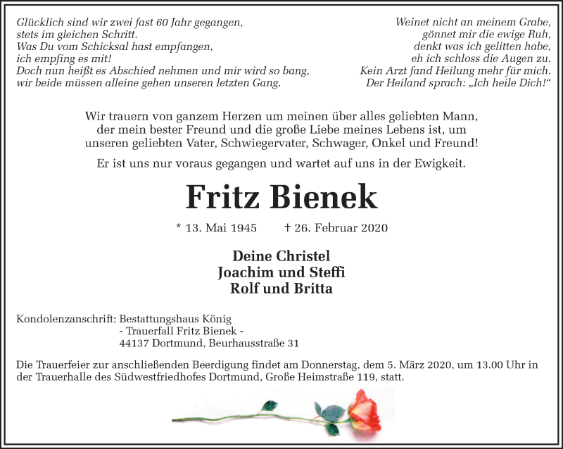  Traueranzeige für Fritz Bienek vom 29.02.2020 aus Ruhr Nachrichten