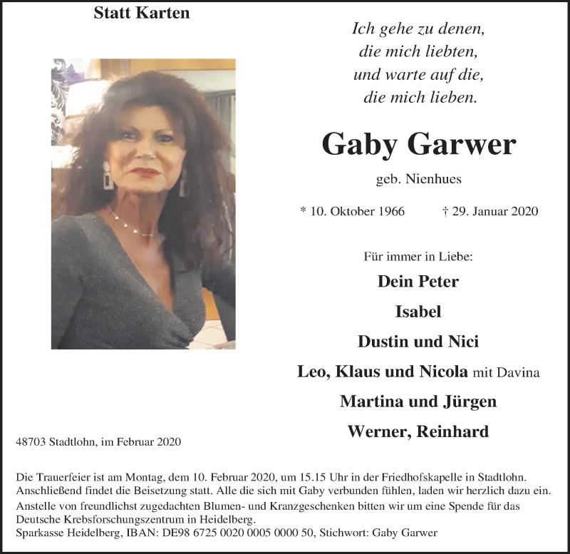  Traueranzeige für Gaby Garwer vom 06.02.2020 aus Münstersche Zeitung und Münsterland Zeitung