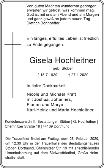 Traueranzeige von Gisela Hochleitner von Ruhr Nachrichten