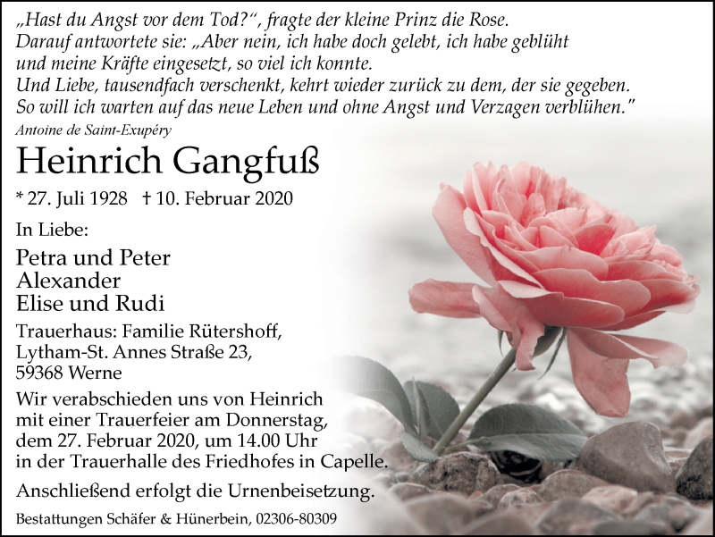  Traueranzeige für Heinrich Gangfuß vom 15.02.2020 aus Hellweger Anzeiger