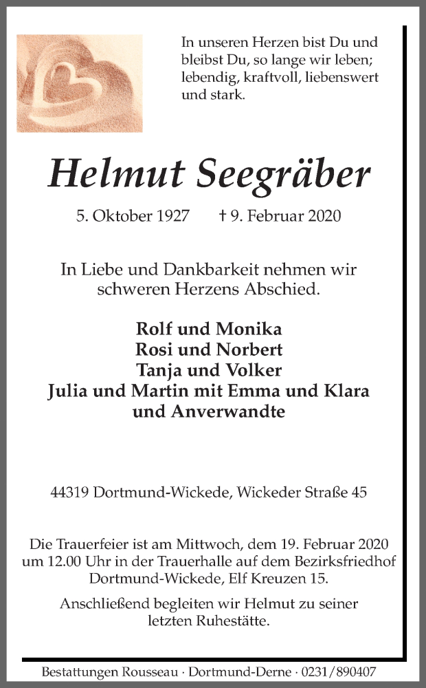 Traueranzeige für Helmut Seegräber vom 17.02.2020 aus Ruhr Nachrichten