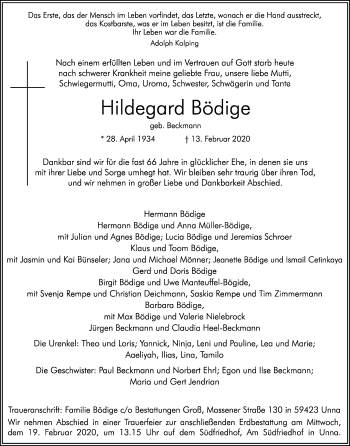 Traueranzeige von Hildegard Bödige von Ruhr Nachrichten