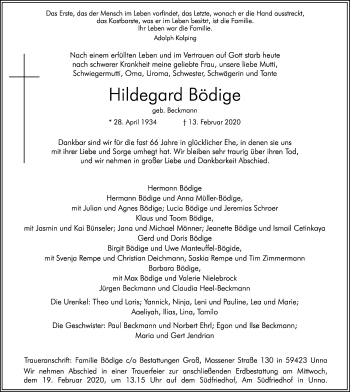 Traueranzeige von Hildegard Bödige von Ruhr Nachrichten und Dorstener Zeitung