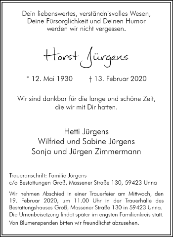 Traueranzeige von Horst Jürgens von Hellweger Anzeiger