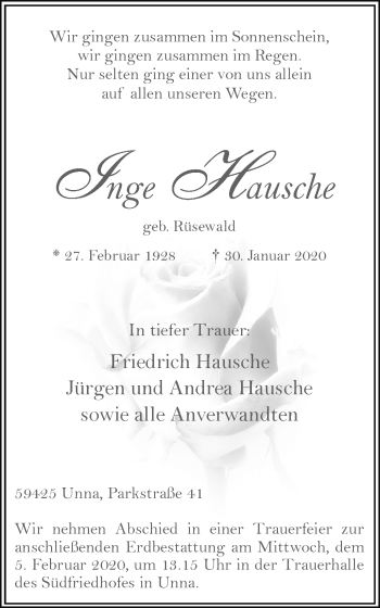 Traueranzeige von Inge Hausche von Hellweger Anzeiger