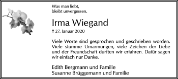 Traueranzeige von Irma Wiegand von Hellweger Anzeiger