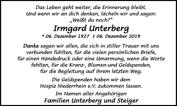 Traueranzeige von Irmgard Unterberg von Ruhr Nachrichten und Dorstener Zeitung