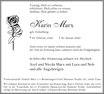 Traueranzeige von Karin Marx
 von Hellweger Anzeiger