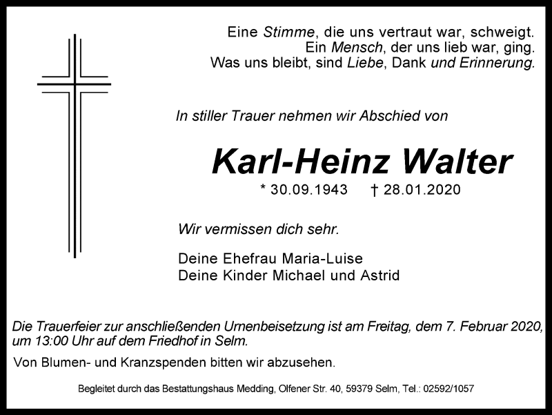  Traueranzeige für Karl-Heinz Walter vom 01.02.2020 aus Ruhr Nachrichten