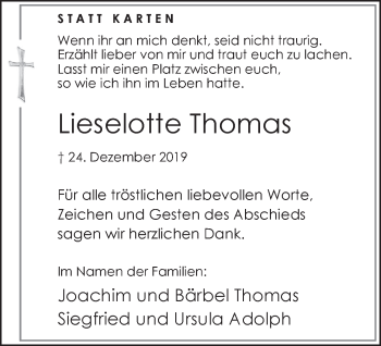 Traueranzeige von Lieselotte Thomas von Hellweger Anzeiger