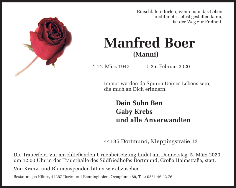  Traueranzeige für Manfred Boer vom 29.02.2020 aus Ruhr Nachrichten