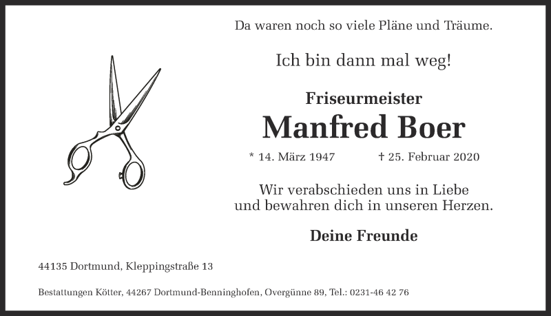  Traueranzeige für Manfred Boer vom 29.02.2020 aus Ruhr Nachrichten