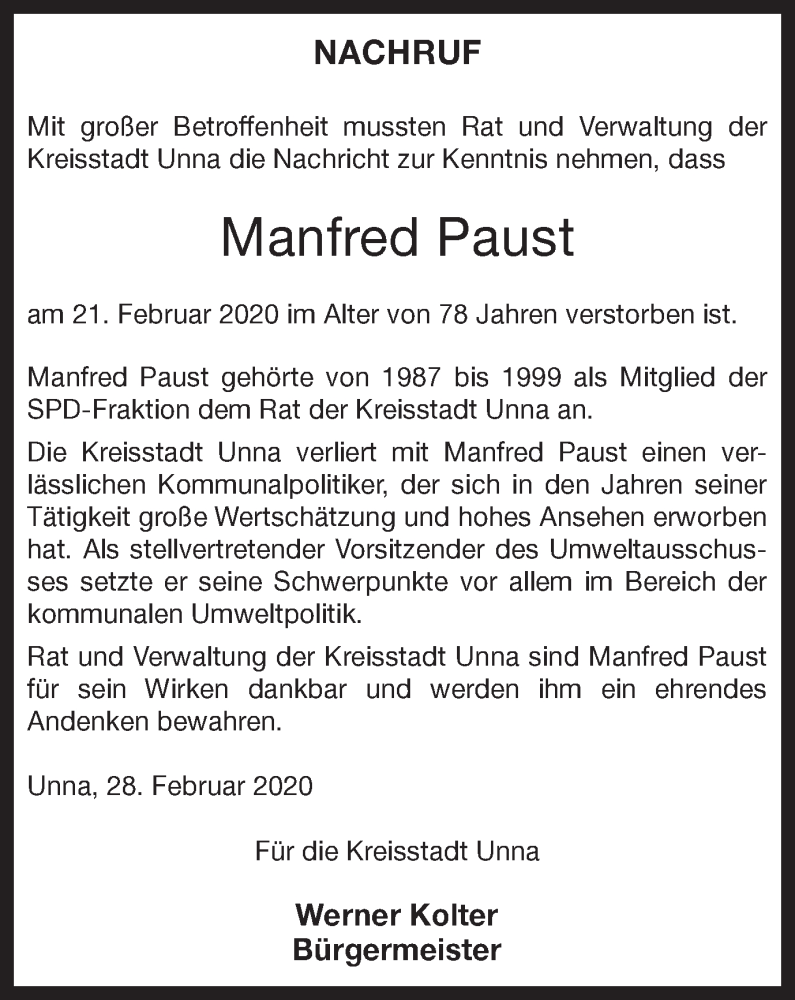  Traueranzeige für Manfred Paust vom 29.02.2020 aus Hellweger Anzeiger