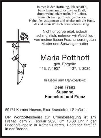 Traueranzeige von Maria Potthoff von Hellweger Anzeiger