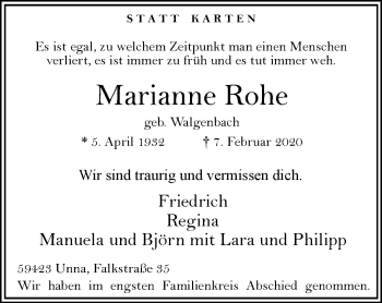 Traueranzeige von Marianne Rohe von Hellweger Anzeiger