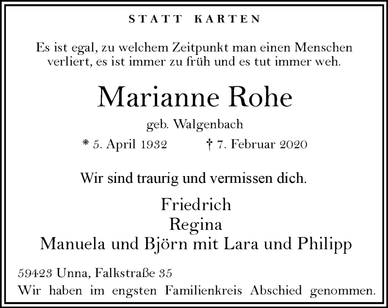  Traueranzeige für Marianne Rohe vom 15.02.2020 aus Hellweger Anzeiger